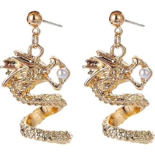Chinese Style Three-dimensional Dragon-shaped Pearl Earrings Vintage Exaggerated Creative Unique Temperament Jewelry Party Gift