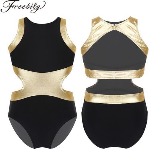 Kids Girls Sleeveless Metallic Splice Back And Side Waist Cutouts Gymnastics Leotard Jumpsuit Child Ballet Leotards Dance Wear