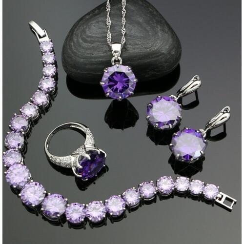 Silver 925 Jewelry Sets For Women Purple White Cubic Zirconia Earrings Ring Bracelet Pendant Necklace Set Jewellery Silver Set