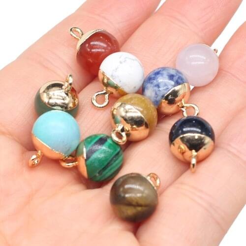 Natural Gems Round Pendant Gold Plated Rose Quartz Tiger Eye Crystal for Fashion Jewelry Making Women Necklace Earring Gift DIY