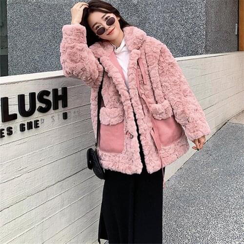 2021 Winter Female Faux Fur Jackets Korean Loose Stand-up Collar Long Sleeve Thick Warm Lamb Down Fur Plush Outerwear Women New