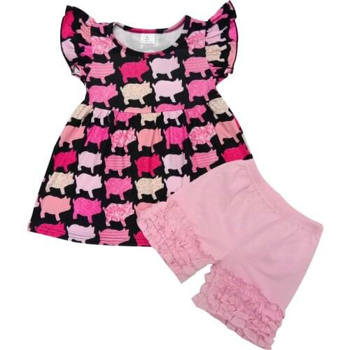 Summer Girls Animals Print Tunic 100% Cotton Pink Shorts with Ruflles Baby Kids Boutique Set