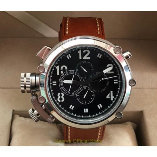 50mm GEERVO left hand crown black dial Automatic Self-Wind movement Auto Date Mens watch cow Leather strap gr228-g8