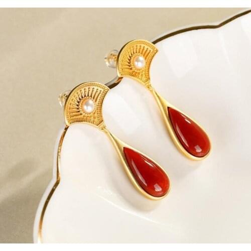 Natural Hotan Enamel porcelain chalcedony fan-shaped Drop Earrings Chinese style retro unique craft small design womens jewelry