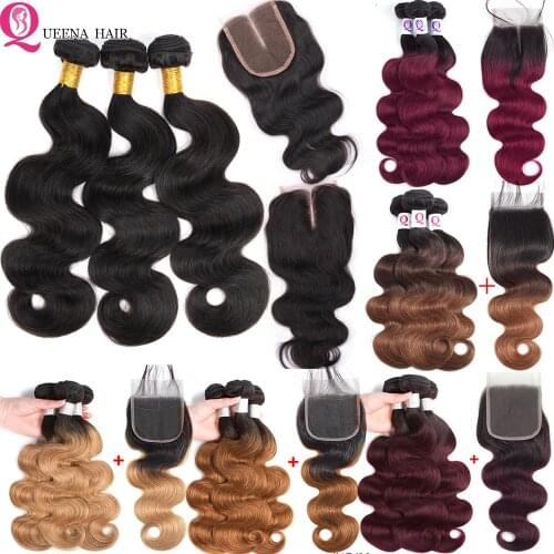 Ombre Burgundy Human Hair Bundles With Closure Blonde Body Wave Bundles With Closure 1B/99J Peruvian Hiar 3 Bundles With Closure