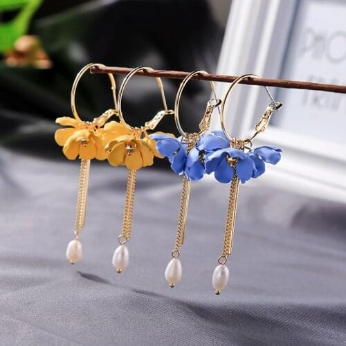Dangle Earrings For Women Gifts Blue&Yellow Iron Sheet Flowers Cultured Pearl Earrings Gold Color Fashion Jewelry Wholesale