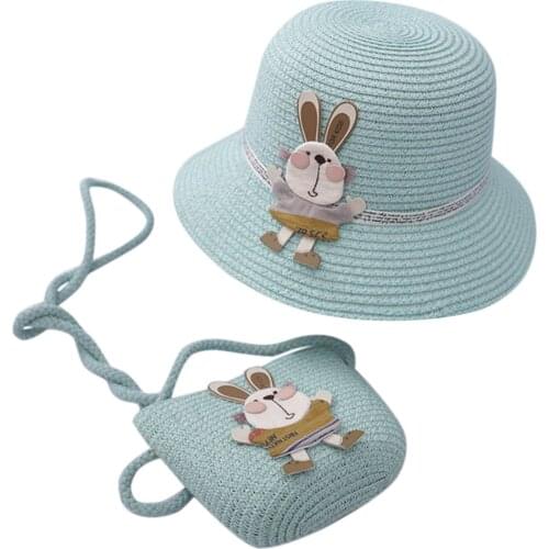 Girl Kids Cute Casual Straw Hat +handbag Sets Child Baby Outdoor Travel Holiday Beach Floppy Hat Bags Set Cartoon Sun Cap #T1P