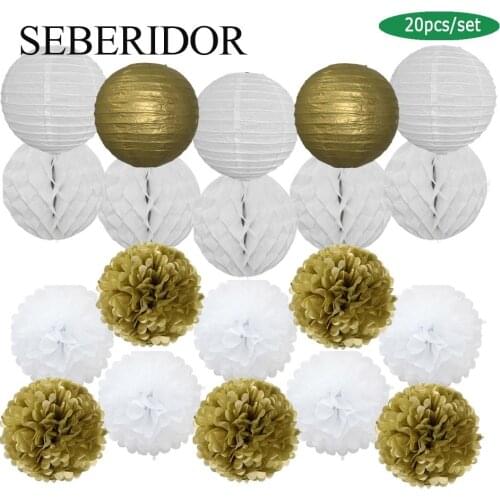 Wedding Party Favor Gold White Set Round Paper Lantern Baby Boy Girl Baptism Decor Folding Honeycomb Pink Blue Tissue Flower