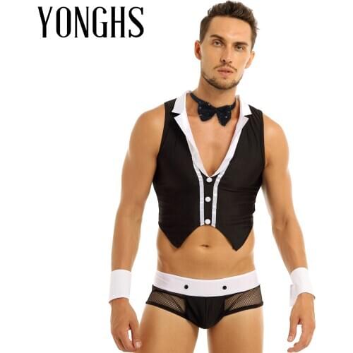 Mens Lingerie Sex Maid Cosplay Costume Outfits Tops Boxer Briefs with Collar Cuffs Lingerie Set Sexy Role Play Games Clothing
