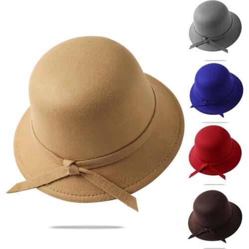 Spring and autumn woolen fisherman hat female basin hat bowknot British jazz hat womens windproof warm hat
