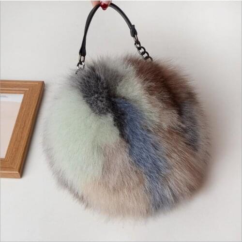 Real Fox Fur Bag Women Winter Women Soft Fluffy Party Handbag Circle Street