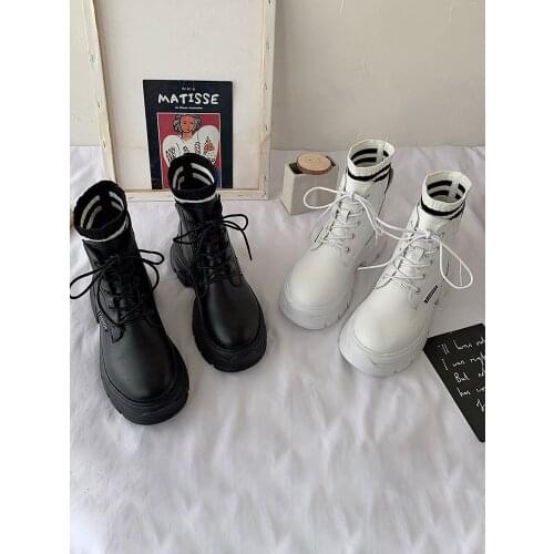 Martin Boots Womens 2020 New Spring Autumn Thick-soled Thick Heeled Shoes Platform Bandage White Short Solid Ankle Boots