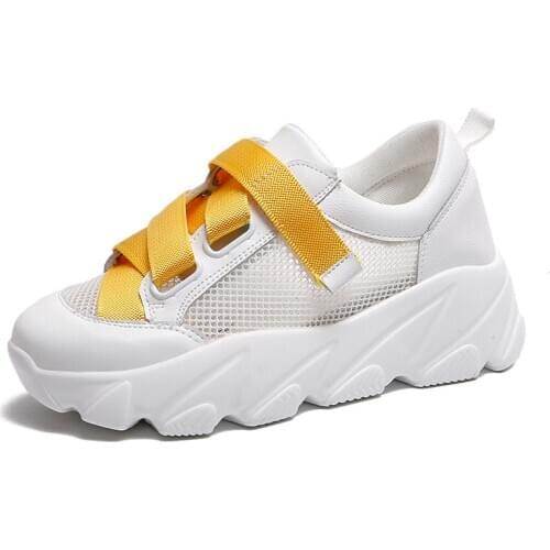 Womens white shoes new mesh casual shoes raised in the middle with color Velcro sneakers