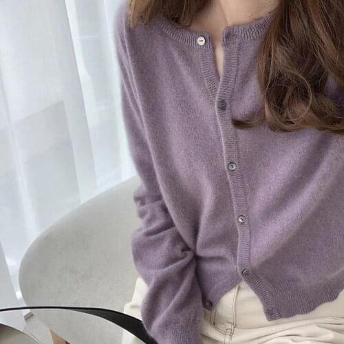 Purple Shell Buckle 2021 Autumn Base Thickened Knitting Cardigan Women Short Style Round Neck Soft MICROFIBER Sweater Cardigan