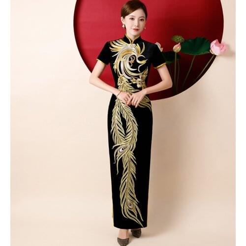 Women Embroidery Phoenix Flower Velour Chinese Traditional Cheongsam Dress Elegant Ladies Vintage Velvet Qipao Oversize 5XL