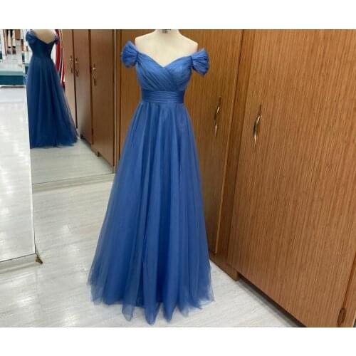 Elegant Long V-Neck Blue Tulle Evening Dresses A-Line Floor Length Corset Back Off Shoulder Formal Party Dress for Women