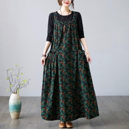 2021 New Arrival Sleeveless Outwear Spring Autumn Dress Print Floral Cotton Linen Vintage strap Dress Women Casual Summer Dress