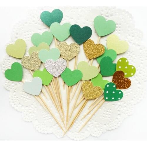 40PCS Handmade Forest Green Heart Cupcake Toppers,Cupcake Toppers Picks Wedding,Party Supplies Birthday Wedding Party Decoration