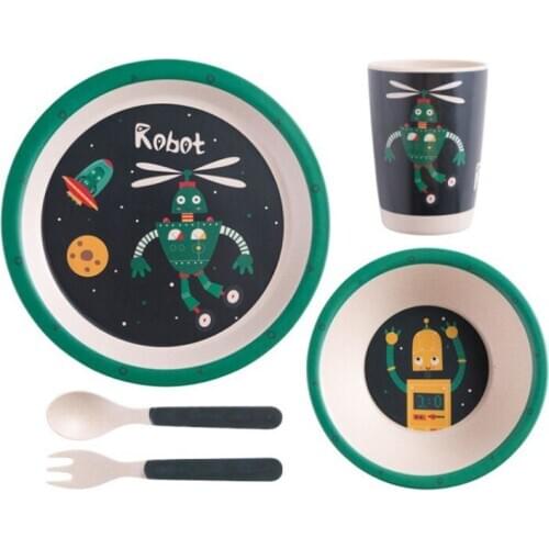 5pcs/set Baby Dish Tableware Children Cartoon Feeding Dishes Kids Natural Bamboo Fiber Dinnerware With Bowl Fork Cup Spoon Plate