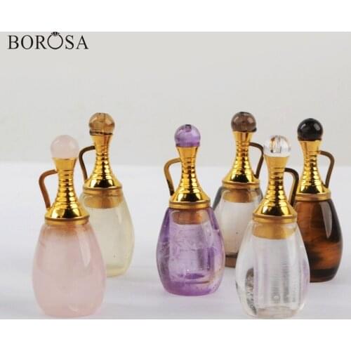 BOROSA 3Pcs Gold Natural Gems Stone Perfume Bottle Pendant Essential Oil Diffuser Crystal Pink Quartz for Necklace WX1221