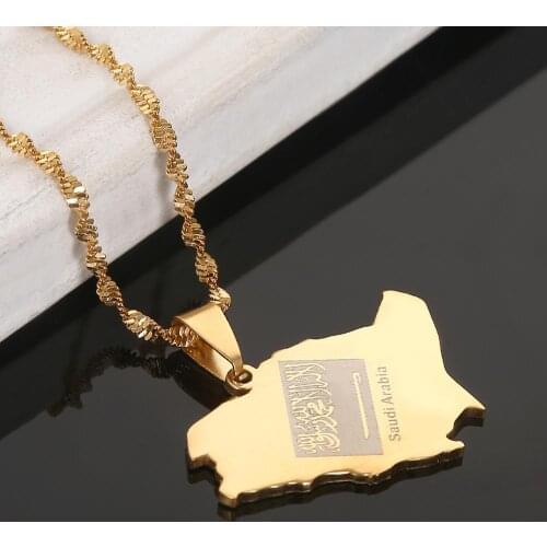 Stainless Steel Saudi Arabia Map Flag Pendant Necklace Kingdom of Saudi Arabia Map Chain Jewelry