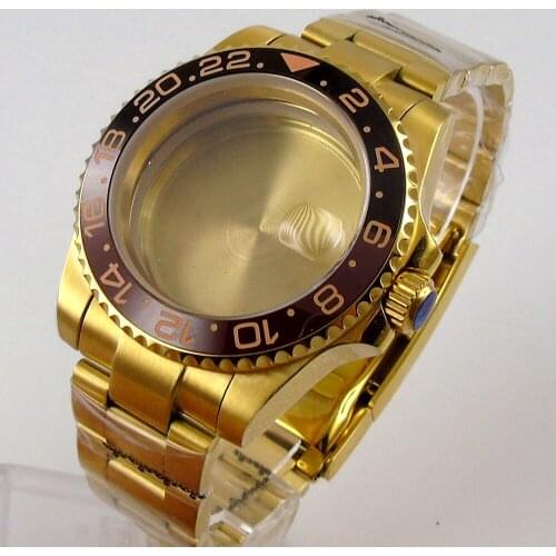 Full 40mm Yellow Gold Plated SUB Watch Case fit for NH35A NH36A Bracelet Band Unidirectional Ceramic Bezel