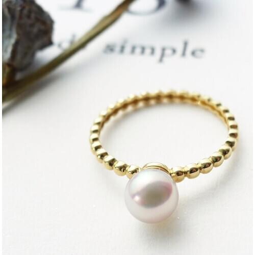 Elegant AAA 6-6.5MM Perfect Round White Genuine Akoya Pearl Ring 14K Yellow Gold