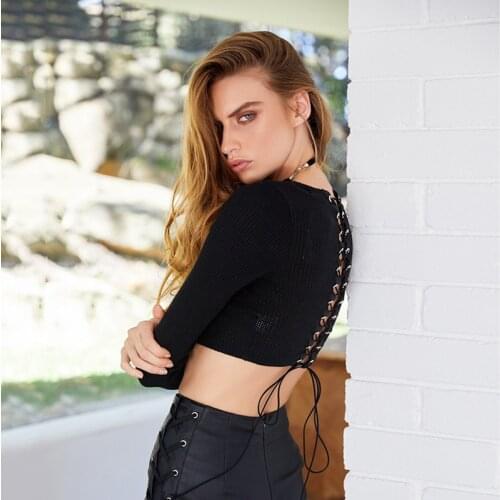 Crop Top Women Knit Sweater Long Sleeve Sexy Round Neck Ladies Fashion Casual Slim Fit O-Neck Pullover Autumn Winter Black