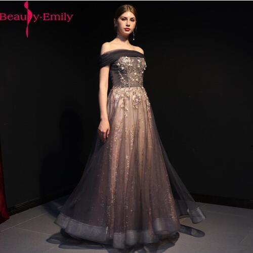Beauty Emily Sexy Boat Neck Off the Shoulder Evening Dress 2019 Beading Appliques Tulle Lace Up Back Formal Party Dresses