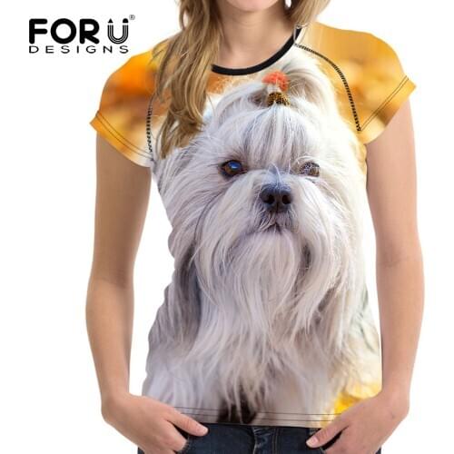 FORUDESIGNS Fashion Women Summer T Shirts Cute 3D Animal Shih Tzu Dog Print Female T-shirts Short Sleeve O Neck Top Tee Clothing