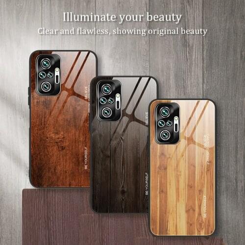 Soft TPU Bumper Tempered Glass Wood Print Shockproof Phone Case For Redmi Note10 Pro / Note10Pro Max Back Cover