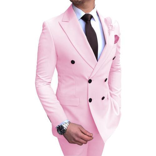 New Mens Pink Suit 2 Pieces Double-breasted Notch Lapel Flat Slim Fit Casual Tuxedos For Wedding(Blazer+Pants)