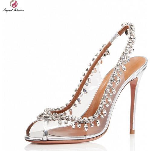 Original Intention Stylish Gorgeous Crystal Pumps Woman Peep Toe Metal Stiletto High Heels Sexy Lady Pump Party Dress Plus Size