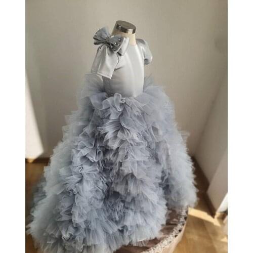 Flower Girl Dresses Tulle Layers First Communion Kids Dresses Puff sleeves Bow Knot Girl Wedding Little Bride Gowns