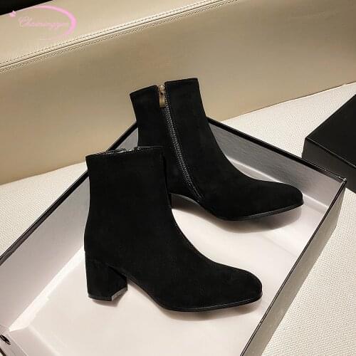 Casual style comfortable round toe flock ankle boots fashion lace-up black beige high heel thick heel riding boots womens shoes