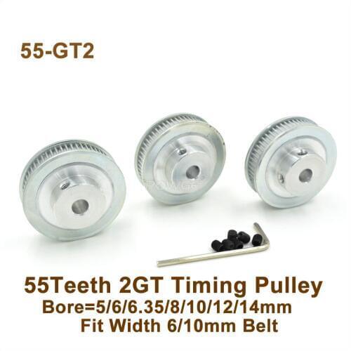 POWGE 55 Teeth 2GT Timing Pulley Bore5/6/6.35/8/10/12/14mm Fit W=6/10mm 2GT Synchronous Belt 55T 55Teeth GT2 Pulley 3D Printer