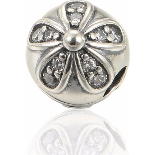 Silver 925 Daisy Flower Clip Fashion Charms Fit Pan Bracelets & Necklace For Women DIY Jewelry Making Gifts
