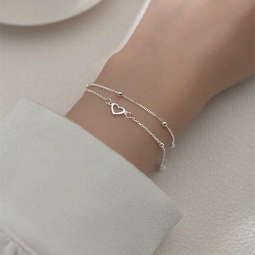 925 Sterling Silver Double Layers Heart Charm Bracelets &Bangle For Women Girls Elegant Birthday Wedding Party