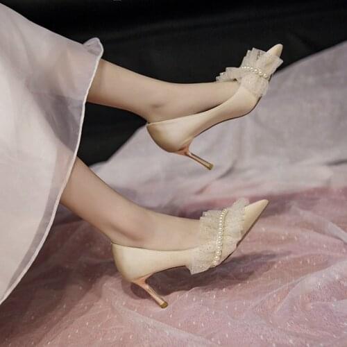 Pumps High Heels Fashion Women Shoes Female Pointed Toe PearlMary Janes Retro Wedding Shoes Bride Pumps