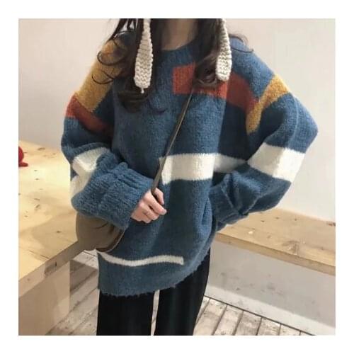 South Koreas Harajuku Stitching Striped All-match Sweater Texture Fashion Loose Blue Sweater Jacket 2021 Spring And Autumn New