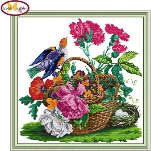 GG Birdie and Flower Basket Paintings Chinese Cross Stitch Embroidery Needlework Sets Needlepoint Cross Stitch for Home Decor
