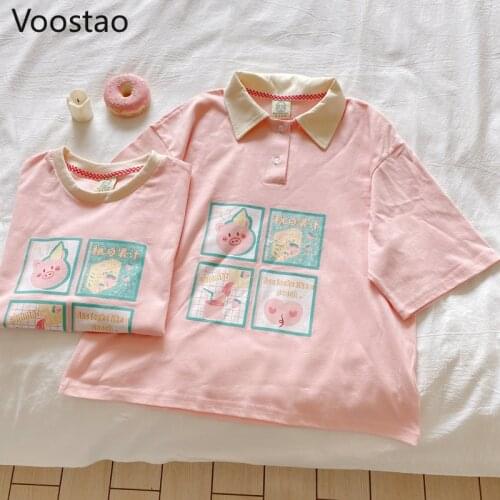 Japanese Sweet Cartoon Print T-Shirts Women Cute Lolita Pink Short Sleeve Tops Summer Girly Harajuku Kawaii Cotton Tee Tshirt