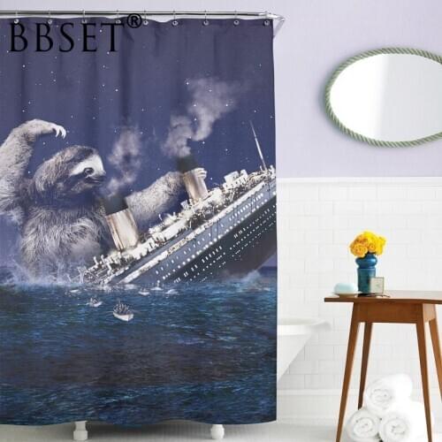Funny Animal Shower Curtain Giant Sloth Attacking The Ship Pattern Waterproof Multi-size Douchegordijn Kids Bathroom Decor