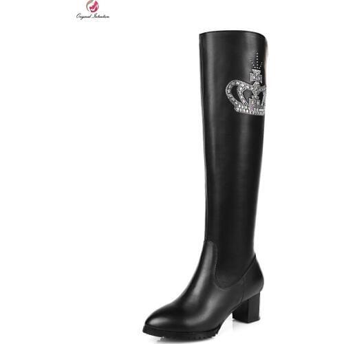 Original Intention High-quality Women Knee-High Boots Round Toe Square Heels Boots Popular Black Shoes Woman US Size 4-13