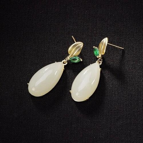 Waterdrop Natural Jade Drop Earrings For Women Elegant Golden Color Vintage Original Handmade Earrings Women Jewelry 2019