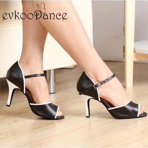 Evkoodance Black With White Leather Heel Height 8.5cm Comfortable Latin Salsa Dance Shoes For Women Evkoo-478