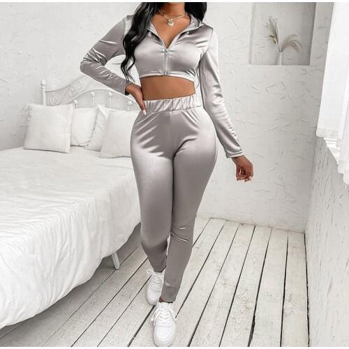 Autumn Women 2pc Sets Sexy Long Sleeve Zip-Up Coat Tops And Sport Pants Suits Fashion Women Bright Glossy Solid Tracksuit Outfit