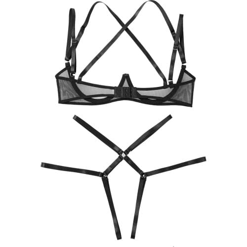 Womens Lingerie Open Crotch Bra Underwear Set Bandage Open Cups Hot Bra Top with Crotchless Briefs Underwear Erotic Sexy Set