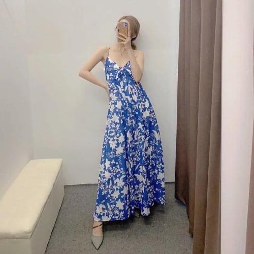2021 New Summer Womens Fashion Slimming Printed Suspender Dress Blue Floral Spaghetti Sexy Suspender Sleeveless Ankle Dress