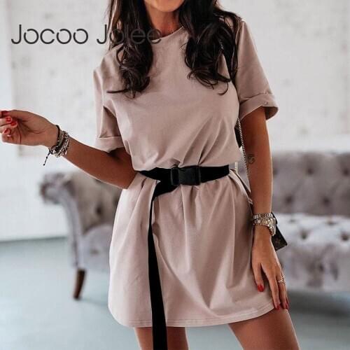 Jocoo Jolee Women Casual Short Sleeve O Neck T Shirt Dress Solid Loose Mini Dress With Belt Fashion Sports Hip hop Tunic Dress